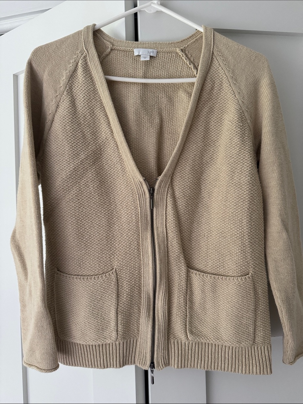 J. Jill Beige Zip-Front Knit Cardigan
